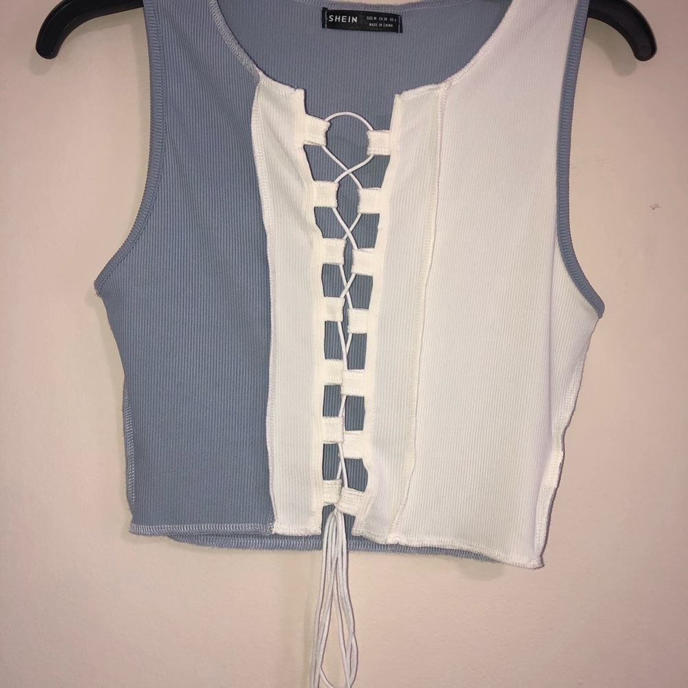 SHEIN Light Blue and White Lace-Up Crop Top ( NEVER WORN )